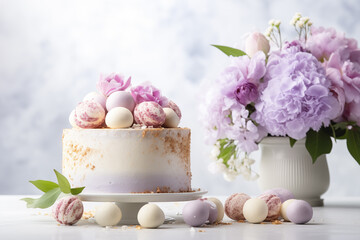Easter cake and eggs on white background with bouquet of flowers. Happy Easter