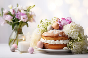 Fototapeta na wymiar Easter cake and eggs on white background with bouquet of flowers. Happy Easter