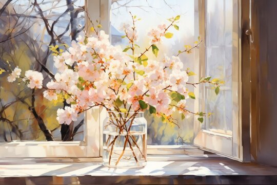 Still life with apple blossoms at the edge of the window.