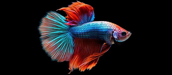 Fototapeta premium Black background with clipping path, showcasing multi-colored Rosetail Siamese fighting fish (half moon) also known as Betta splendens.