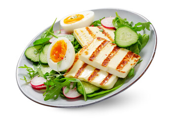 Healthy Ketogenic Paleo Meal, Grilled Halloumi with Lettuce, Radish, Cucumber, and Boiled Egg on White Background