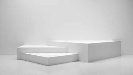 3d product display for products and design, empty minimalistic showcase, white geometric podium platform - empty space for product placement and design background - obrazy, fototapety, plakaty