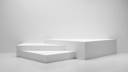 Fotobehang 3d product display for products and design, empty minimalistic showcase, white geometric podium platform - empty space for product placement and design background © Hanna