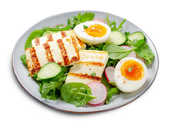 Healthy Ketogenic Paleo Meal, Grilled Halloumi with Lettuce, Radish, Cucumber, and Boiled Egg on White Background
