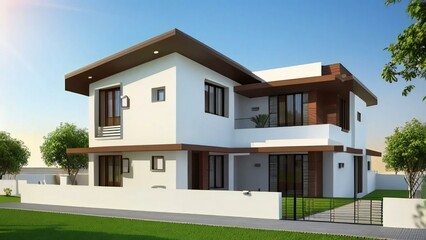 Fototapeta na wymiar A stunning 3D rendering of a modern home showcasing its architectural elegance. Concept for real estate or property.