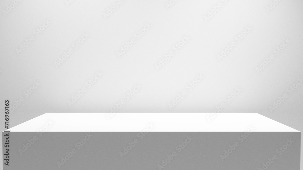 Poster Blank white table with bright spotlight isolated on white wall, empty table - place for product placement and text and design, empty place table stage podium with white plaster wall hight quality
