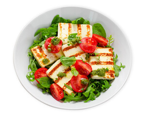 Grilled Halloumi Cheese with Cheery Tomatoes and Pesto, Ketogenic Paleo Diet Lunch on White Background
