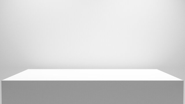 Blank white table with bright spotlight isolated on white wall, empty table - place for product placement and text and design, empty place table stage podium with white plaster wall hight quality