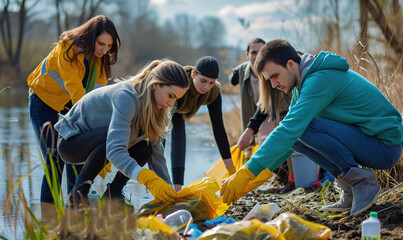 A group of volunteers clean up a polluted riverbank wearing colorful gloves and trash bags, showcasing community efforts to conserve water.