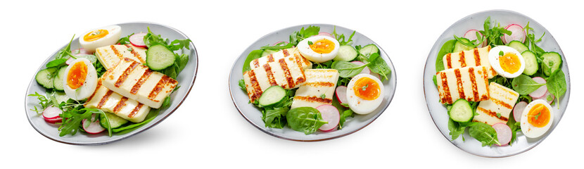 Healthy Ketogenic Paleo Meal, Grilled Halloumi with Lettuce, Radish, Cucumber, and Boiled Egg on White Background