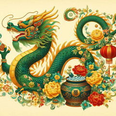 Fototapeta premium Graphic image of the green Dragon symbol of the New Year according to the Chinese calendar. AI generated