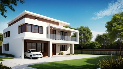 Stylish and compact 3D rendering of a contemporary home design. Concept for real estate or property.