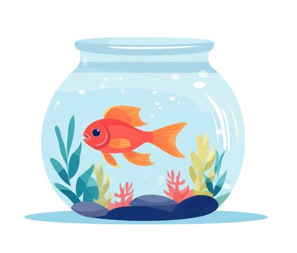 Aquarium with Cartoon Goldfish character. Fish tank funny cartoon cute gold fish on white for greeting card, postcard, brochure, phone case, kids, package, sticker