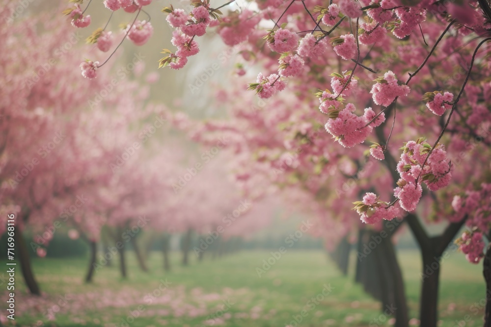 Poster A row of trees with beautiful pink flowers. Perfect for adding a touch of color to any project