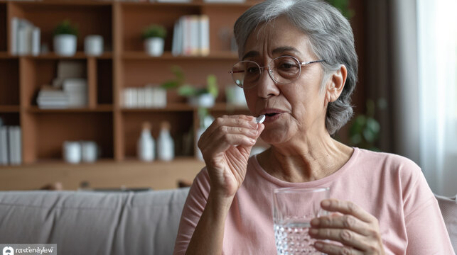 Elderly woman with glasses is looking at a pill in her hand while holding a glass of water