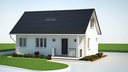 Modern white residential house with black roof, 3D architectural rendering of a small family home, contemporary cottage with garden landscaping