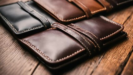 leather wallets lying on the table. illustration of luxury leather goods. Generative AI