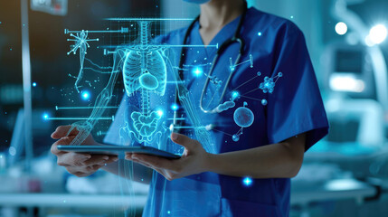Healthcare professional is using a tablet that displays a holographic projection of a human anatomy model, showcasing various internal systems.