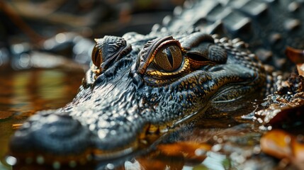 Fototapeta premium Shot of a crocodile with just its eyes above water in a swamp 