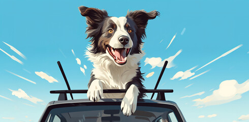 Happy  dog  looks out the open car window, goes on vacation with his owner. - obrazy, fototapety, plakaty