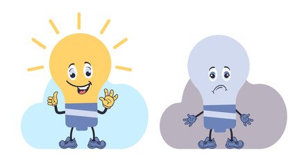 Naklejka premium Funny and sad light bulb. Idea and brainstorming symbol. Creative mascot. Happy lightbulb. Cute color glowing and broken lamp characters. Cartoon flat isolated illustration. Vector concept