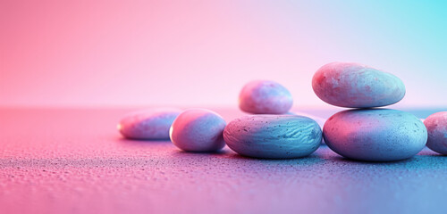 Obraz na płótnie Canvas A variety of smooth stone pebbles on a soft violet surface.
