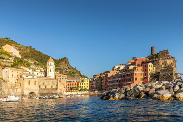 Vernazza, Italy - August 1st, 2023: View of Vernazza village, one of the cinque terre, by the sea, in Italy
