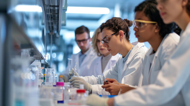 A team of researchers in a biotechnology laboratory, working on innovative solutions for healthcare. The mix of biological samples, advanced equipment, and focused faces underscore