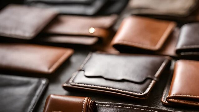 leather wallets lying on the table. illustration of luxury leather goods. Generative AI