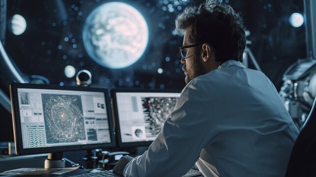 A scientist analyzing astronomical data on a computer screen in an observatory, surrounded by telescopes and celestial maps. The cosmic setting highlights the awe-inspiring nature
