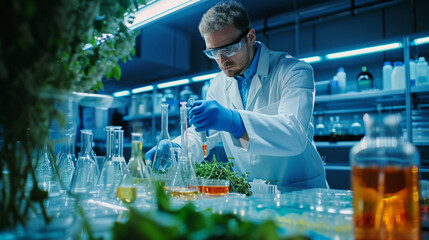 A biologist conducting experiments with genetically modified organisms in a controlled environment. The ethical considerations and visual representation of biotechnology are emphas - obrazy, fototapety, plakaty