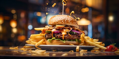 Delectable towering burger with golden fries on a table. mouthwatering fast food feast. indulge in a gourmet experience. AI