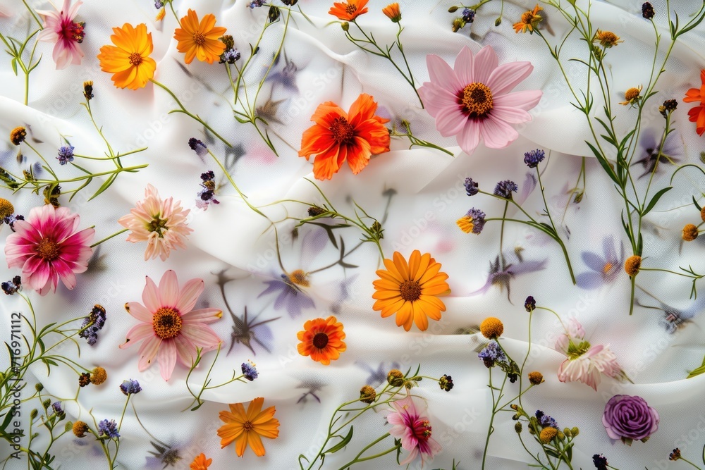 Poster A bunch of flowers on a white cloth. Perfect for adding a touch of nature to any setting