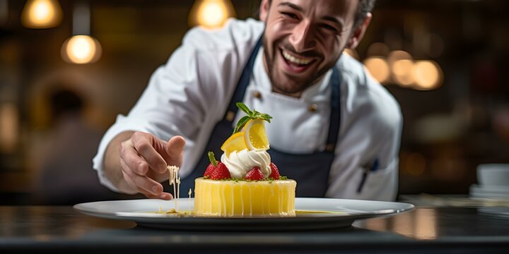 Chef in restaurant kitchen finishing gourmet dessert with a smile. artistic culinary presentation, professional cooking. dynamic food plating by cheerful chef. AI