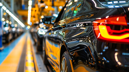 Fototapeta premium Manufacturing New Cars: Automobiles in an Industrial Factory on an Assembly Line