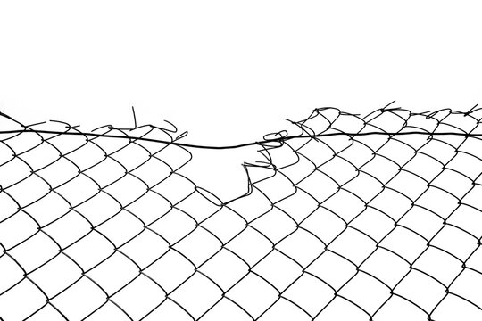 Opening in metallic fence isolated on white background .breakthrough concept. metaphor. Chain-link, wire netting, wire mesh, cyclone hurricane fence. Challenge. uncertainty