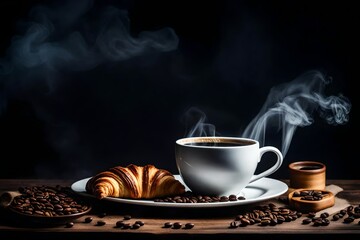 A steaming cup of coffee from which fragrant steam comes out, enveloping a fresh croissant