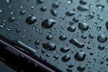 Water droplets are seen up close on a cell phone. This image can be used to depict water damage or the need for waterproof technology