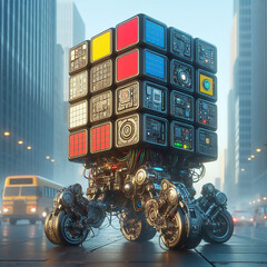 A robot carrying a cube