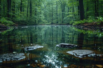 Emerald Forest Reflection: Dark Water, Floating Stones, and Green Canopy.
