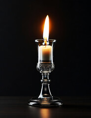 Burning candles in glasses on wooden table, closeup. Space for text. AI Generative