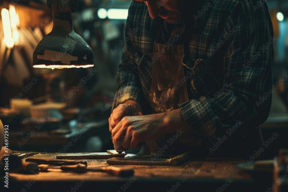 Poster a man is seen working on a piece of wood in a workshop. this image can be used to depict craftsmansh