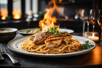 Delicious pasta with chicken fire flames background