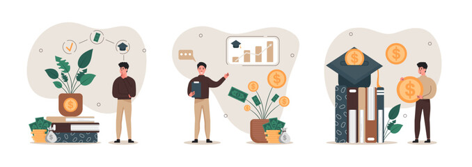Financial education illustration set. Character invests money in education and knowledge, studies financial literacy. Personal finance management and the concept of financial literacy. Vector 