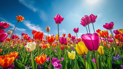 Field of colorful tulips under a bright blue sky.
