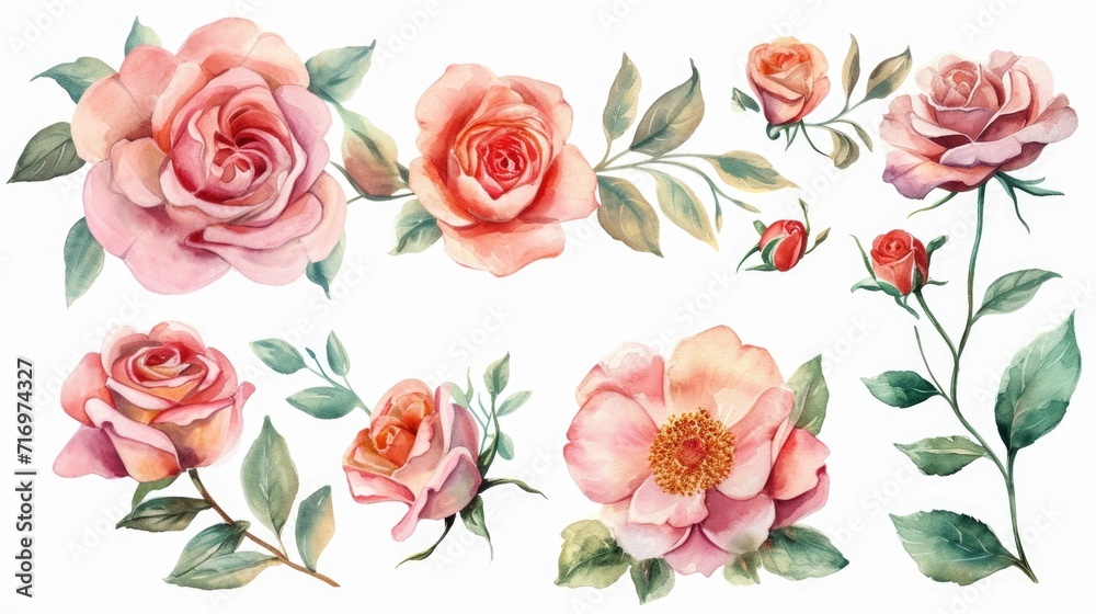 Poster a set of beautiful watercolor roses on a clean white background. perfect for adding a touch of elega