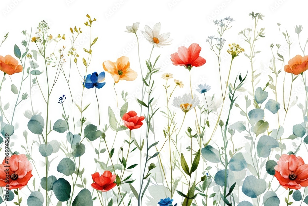 Poster a beautiful watercolor painting depicting a vibrant field of flowers. perfect for adding a touch of 