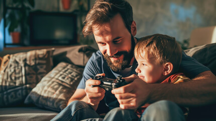 Smiling man and a young boy are enjoying playing a video game together on a couch in a cozy living room.