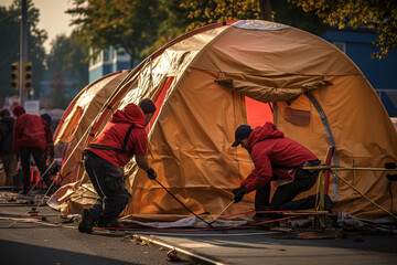 A dynamic image of volunteers constructing temporary shelters for the homeless, showcasing the hands-on efforts to provide a safe and secure environment for those without homes. - obrazy, fototapety, plakaty