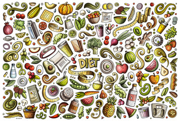 Diet food cartoon objects set - obrazy, fototapety, plakaty
